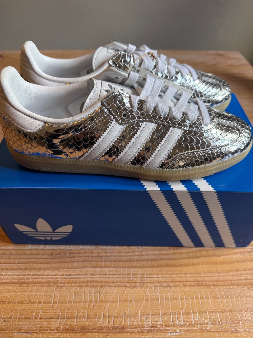 adidas Samba Metallic Silver Snake-Texture Sneakers with White Stripes